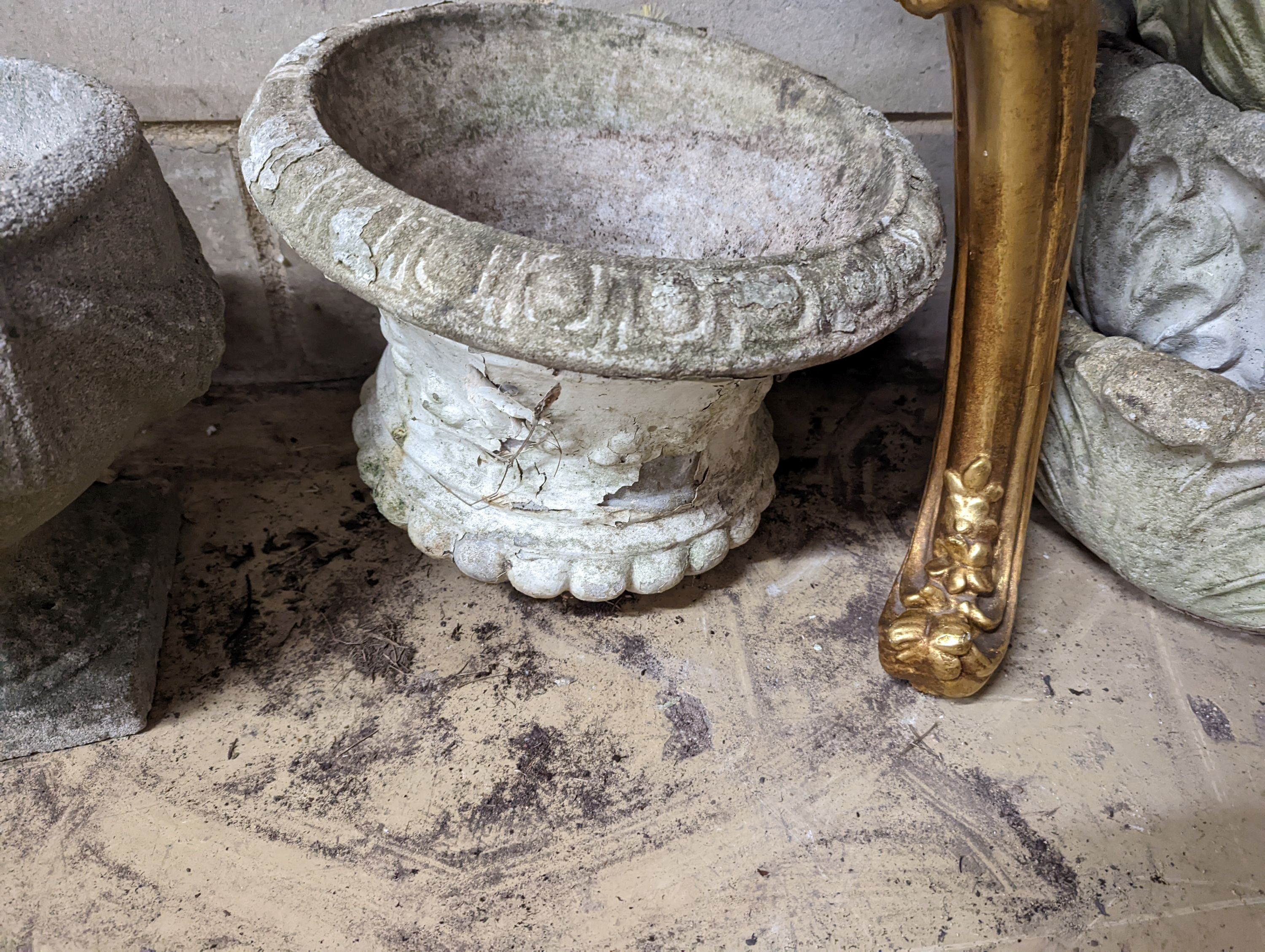 Six reconstituted stone garden planters, four lacking bases, largest diameter 41cm